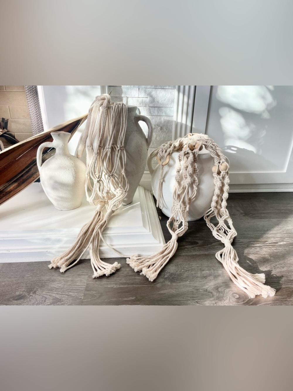 SET OF 4 Handmade Cream Macramé Plant Hanger - Neutral Home Accents